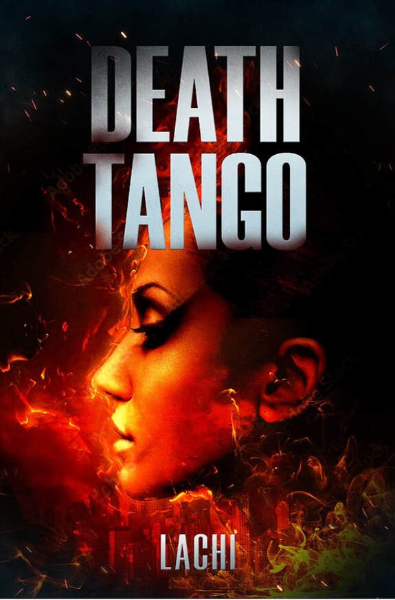 Death Tango book cover, a young woman's face engulfed in orange flame